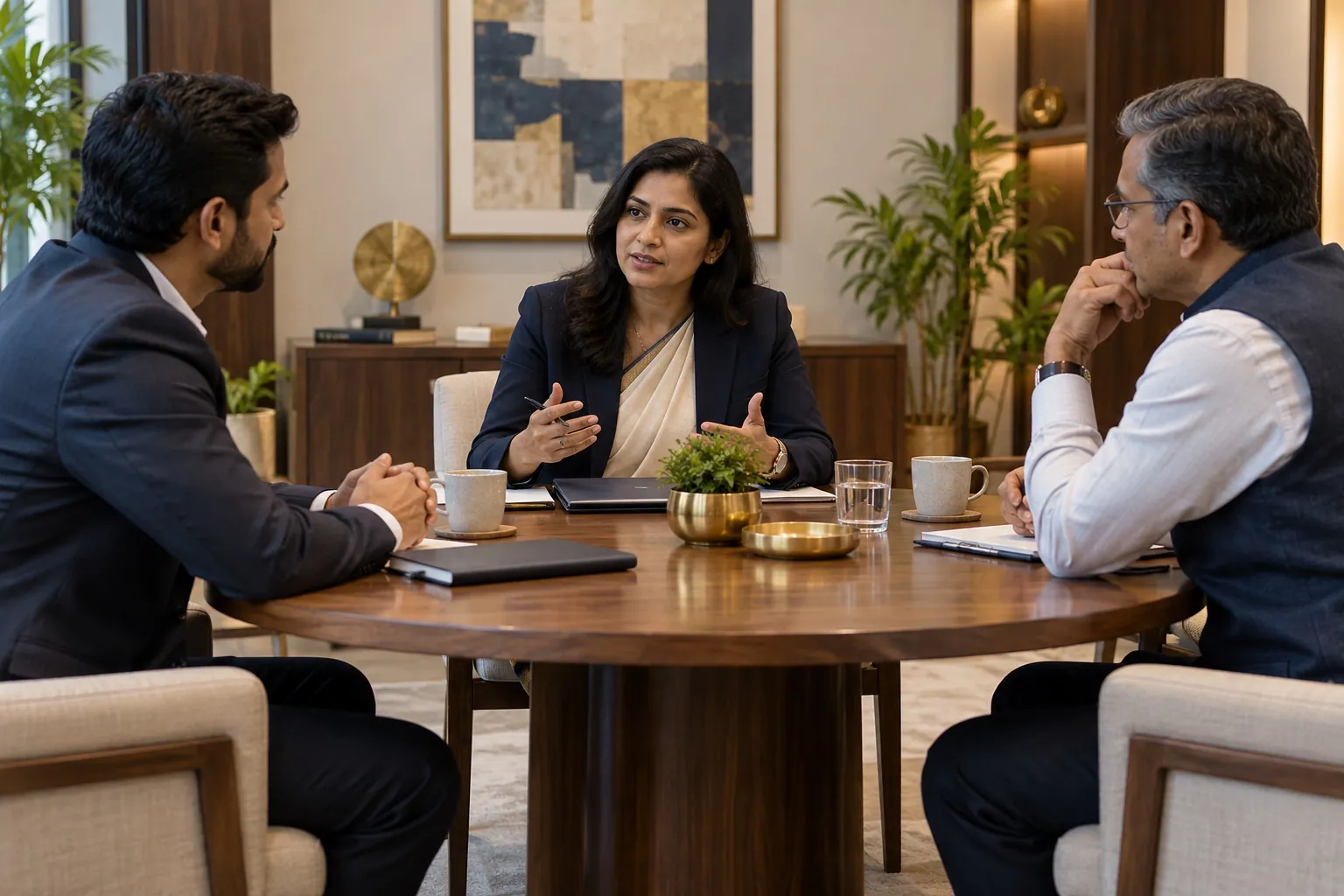 Indian mediator facilitating a business discussion