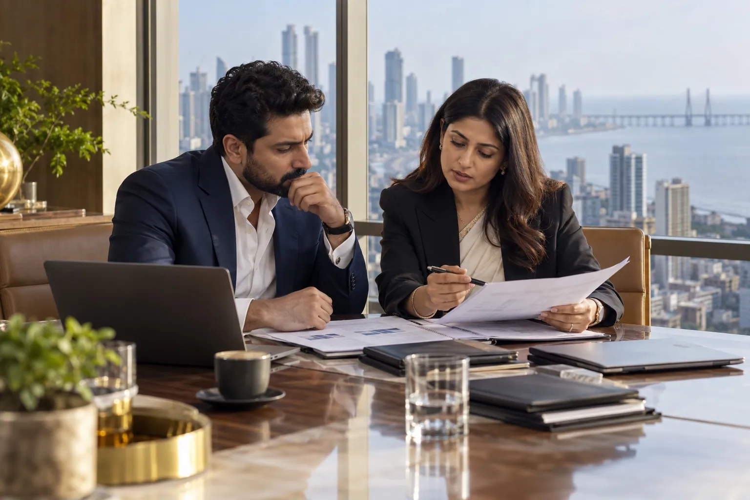 Indian business founder reviewing documents with corporate counsel