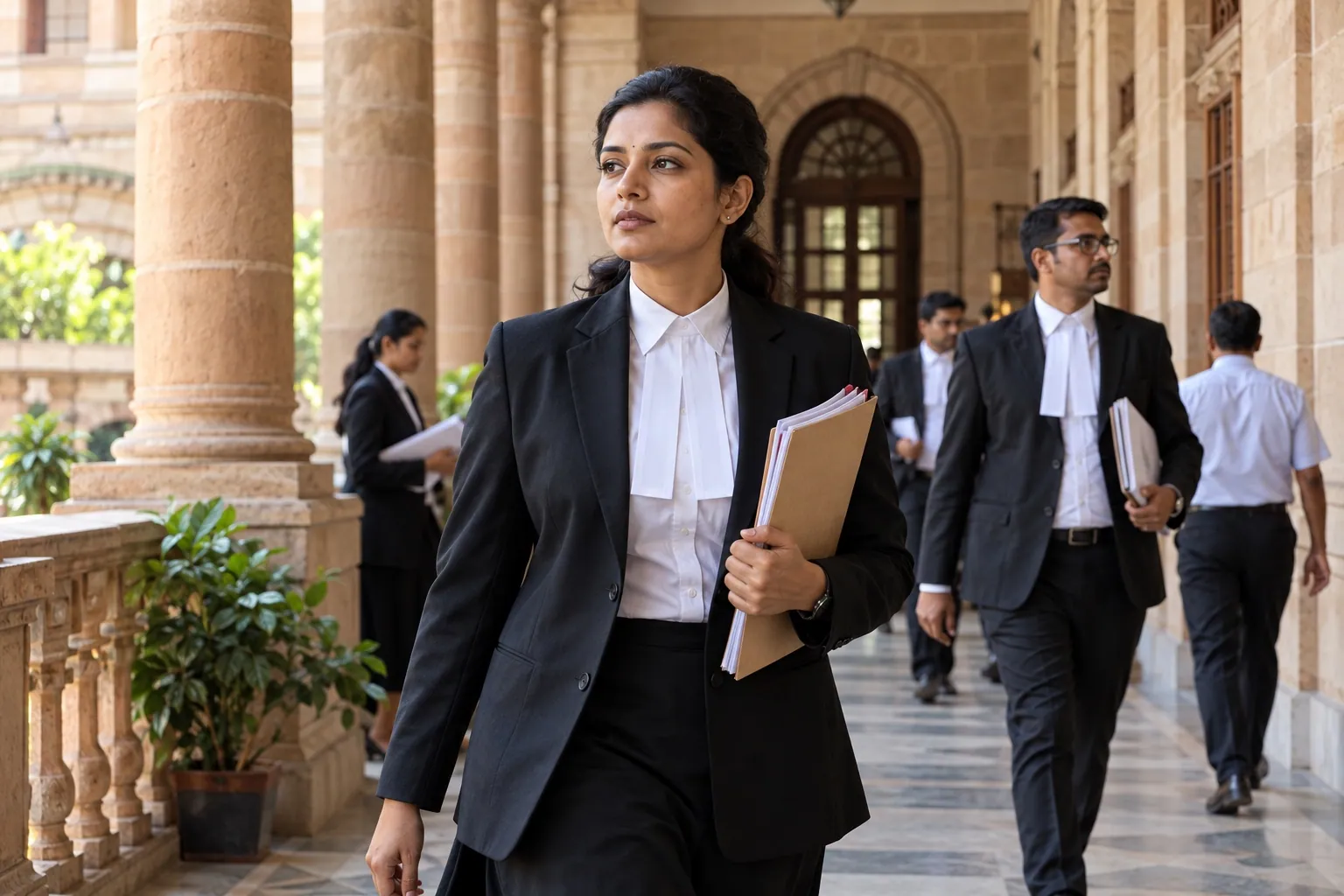Indian advocate carrying a case folder in a courthouse