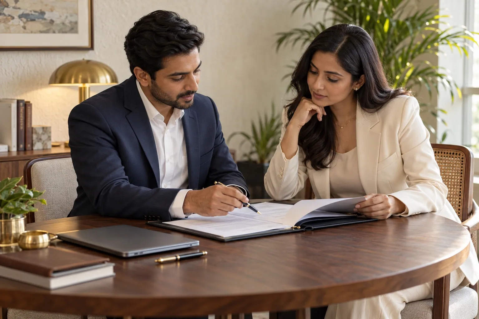 Indian legal adviser and business owner reviewing their contract documentation