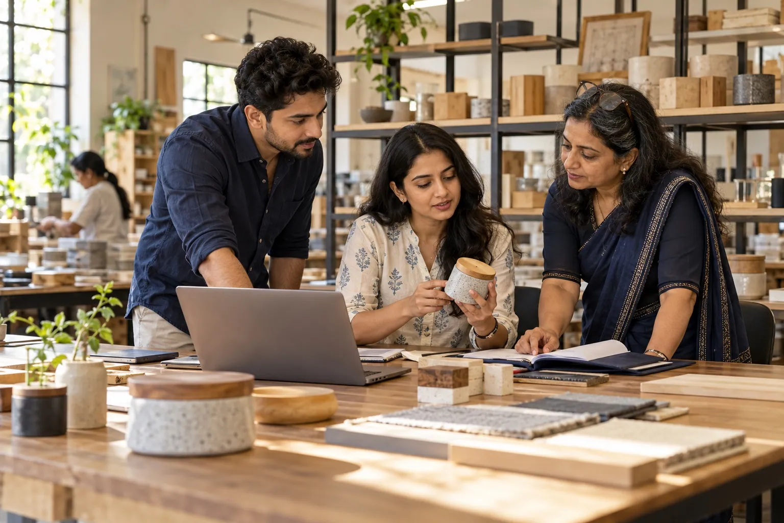 Indian small business team collaborating in a contemporary product studio