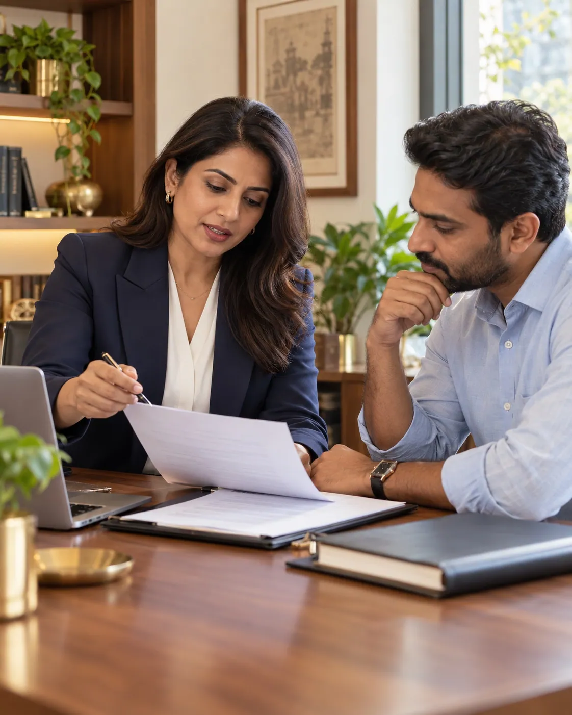 Indian legal consultant discussing a contract with a business founder